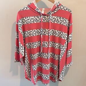 HoneyMe Medium Pink Striped Animal Print Oversized Hooded Short Sleeve Top